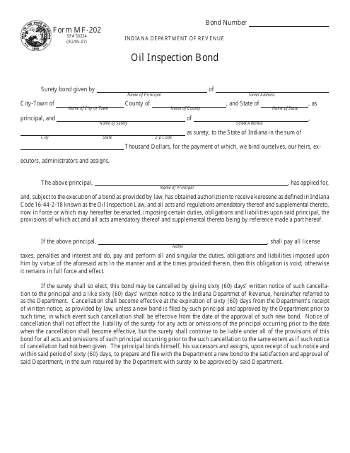 Form MF-202 (State Form 50224) Oil Inspection Bond - Indiana