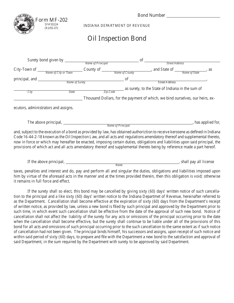 Form MF-202 (State Form 50224) Oil Inspection Bond - Indiana, Page 1