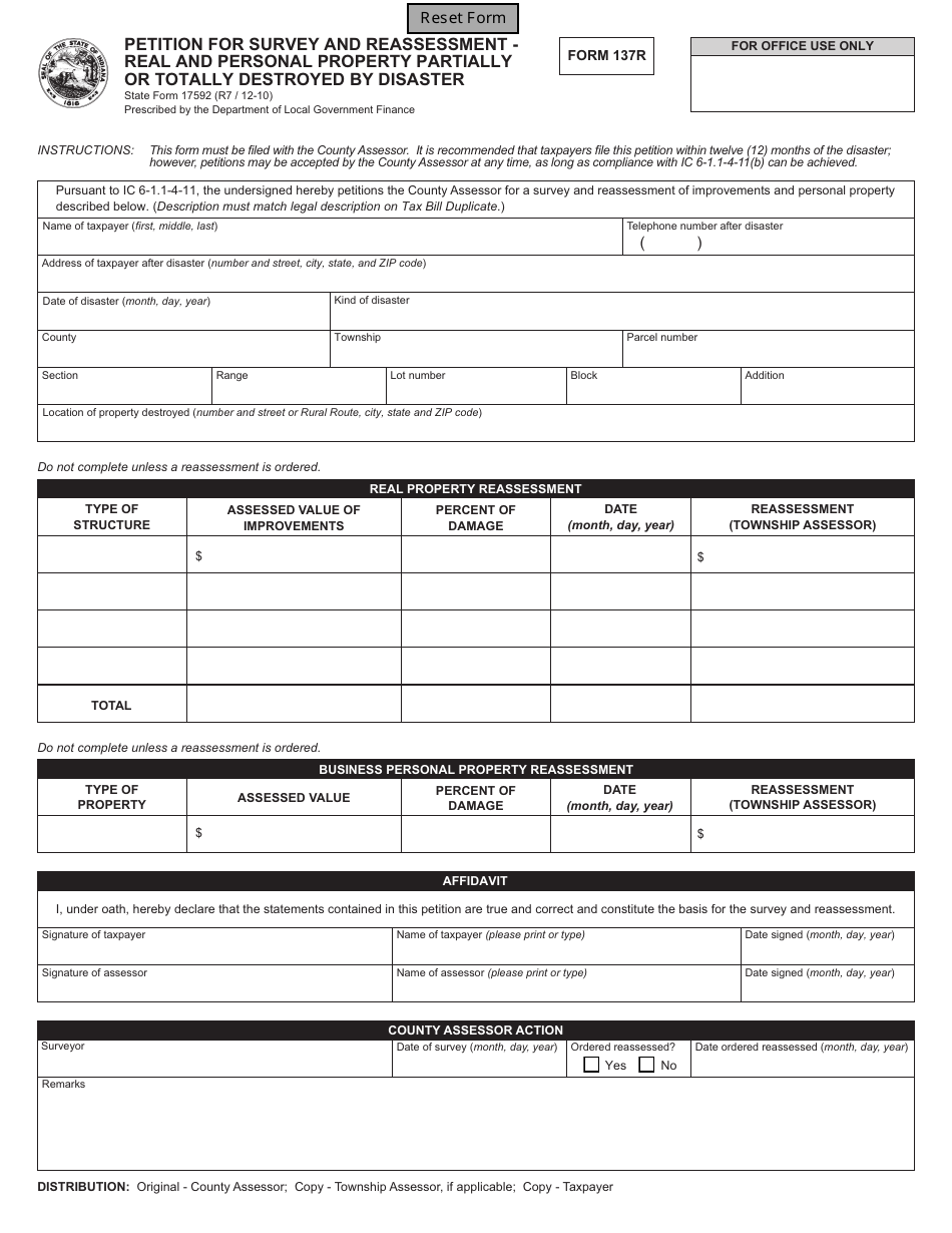 State Form 17592 (137R) Petition for Survey and Reassessment - Real and Personal Property Partially or Totally Destroyed by Disaster - Indiana, Page 1