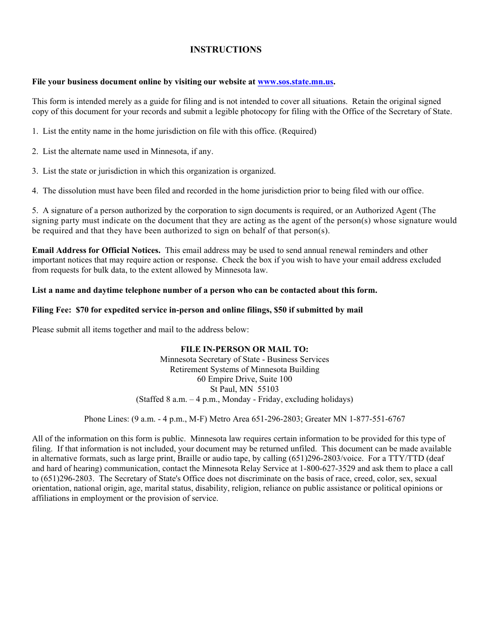 Foreign Corporation or Cooperative Dissolution - Minnesota, Page 2