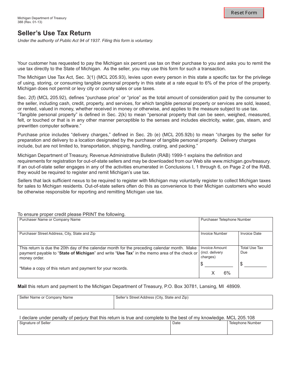 Form 388 Sellers Use Tax Return - Michigan, Page 1