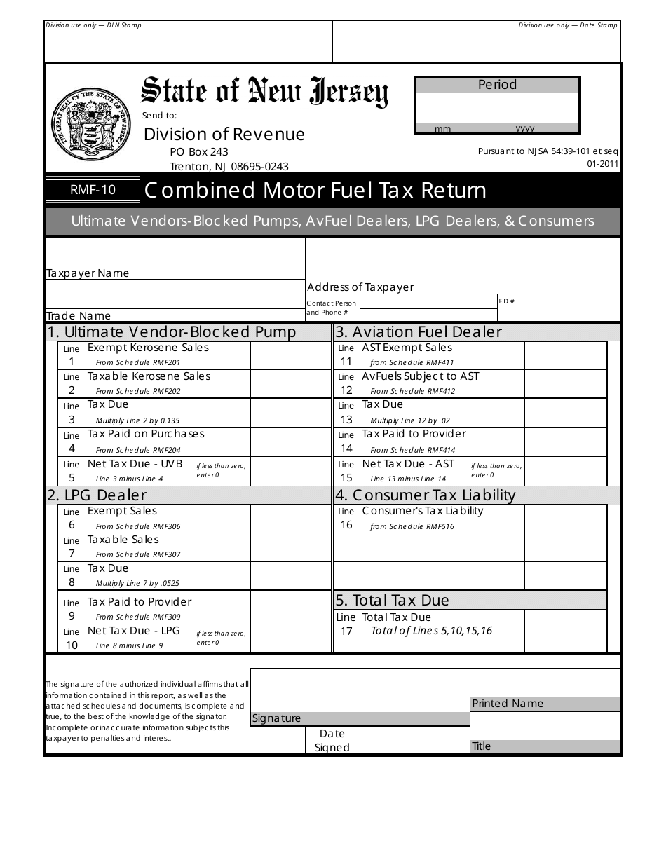 Form RMF-10 Combined Motor Fuel Tax Return - New Jersey, Page 1