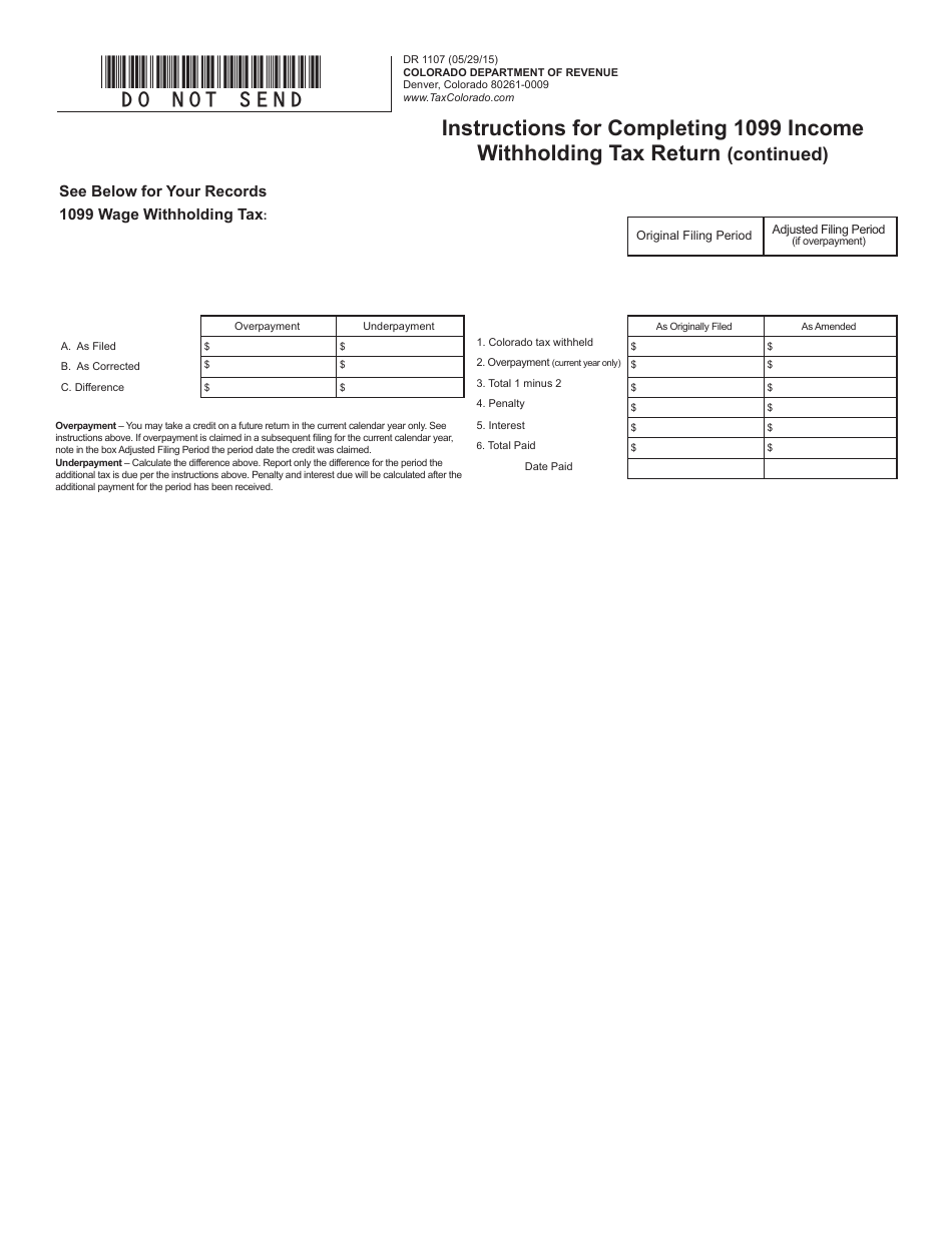 Form DR1107 1099 Income Withholding Tax Return - Colorado, Page 2