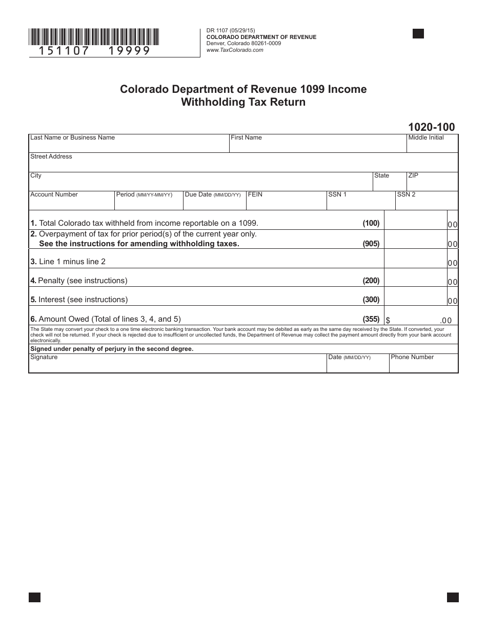 Form DR1107 1099 Income Withholding Tax Return - Colorado, Page 3