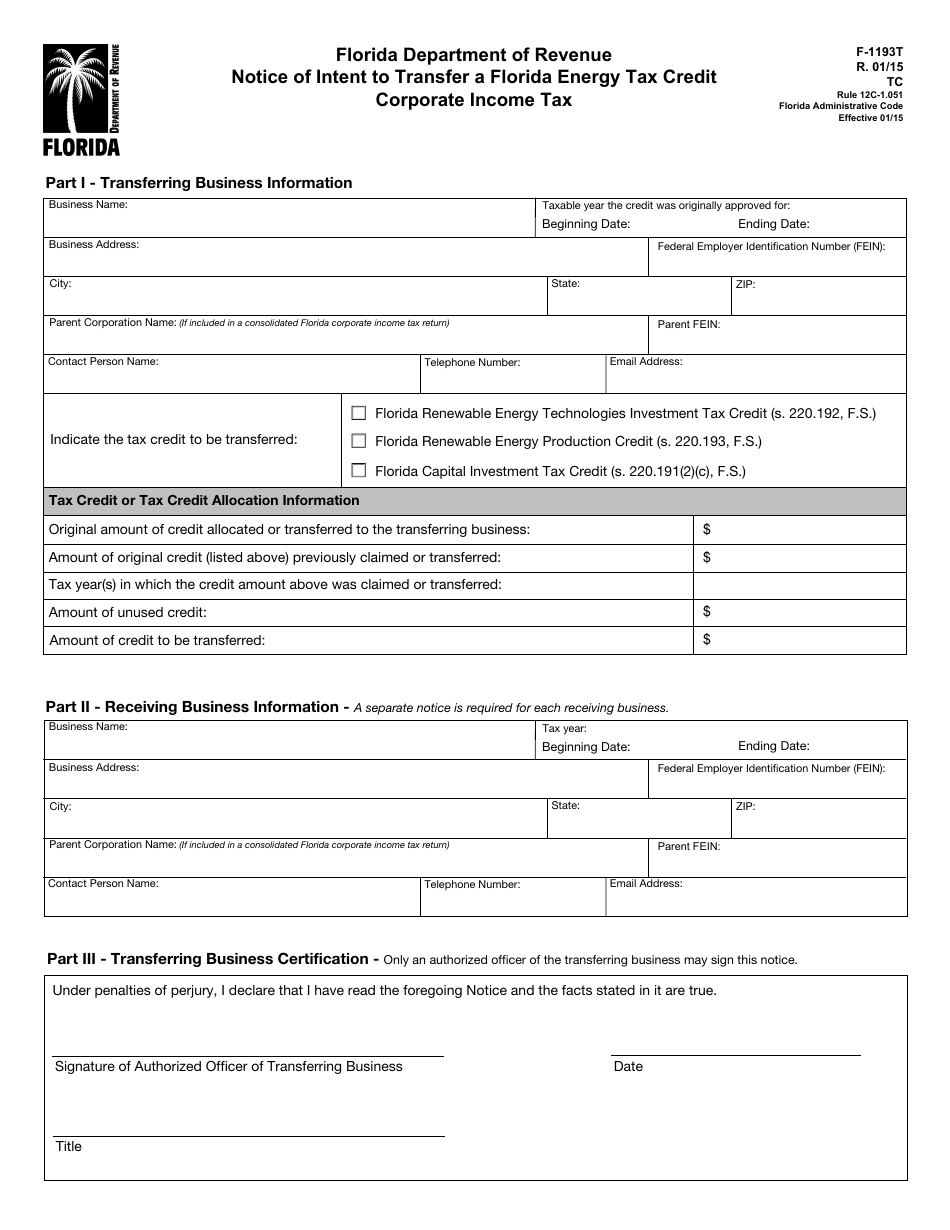 Form F-1193T Notice of Intent to Transfer a Florida Energy Tax Credit - Florida, Page 1