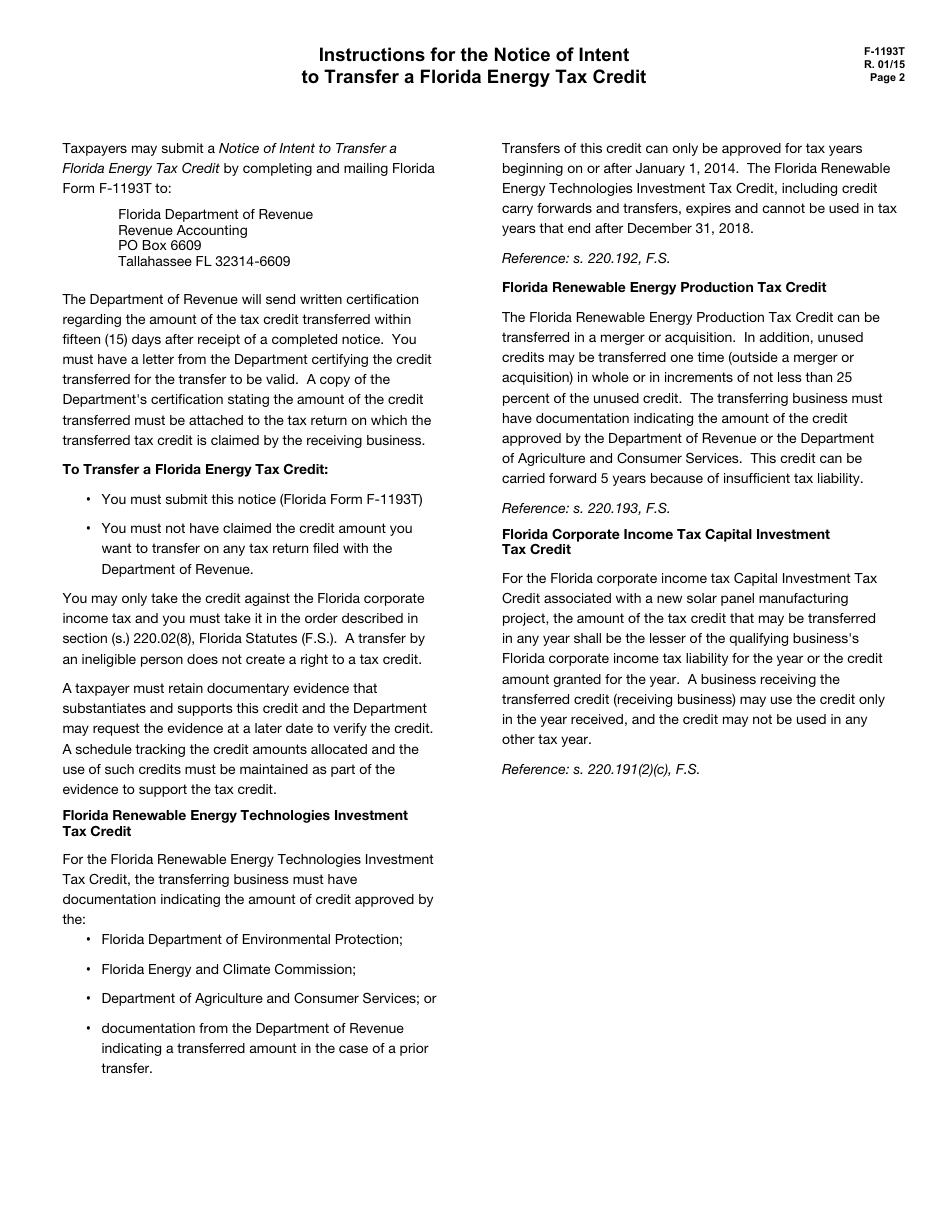 Form F-1193T Notice of Intent to Transfer a Florida Energy Tax Credit - Florida, Page 2