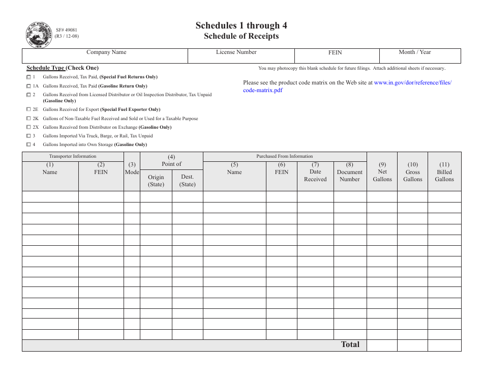 Form SF49081 Schedule 1 Schedules 1 Through 4 - Schedule of Receipts - Indiana, Page 1