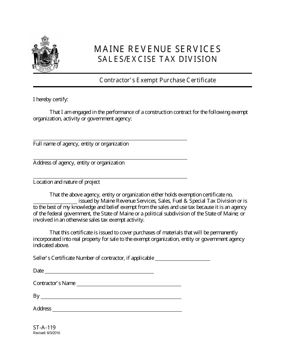Form ST-A-119 Contractors Exempt Purchase Certificate - Maine, Page 1