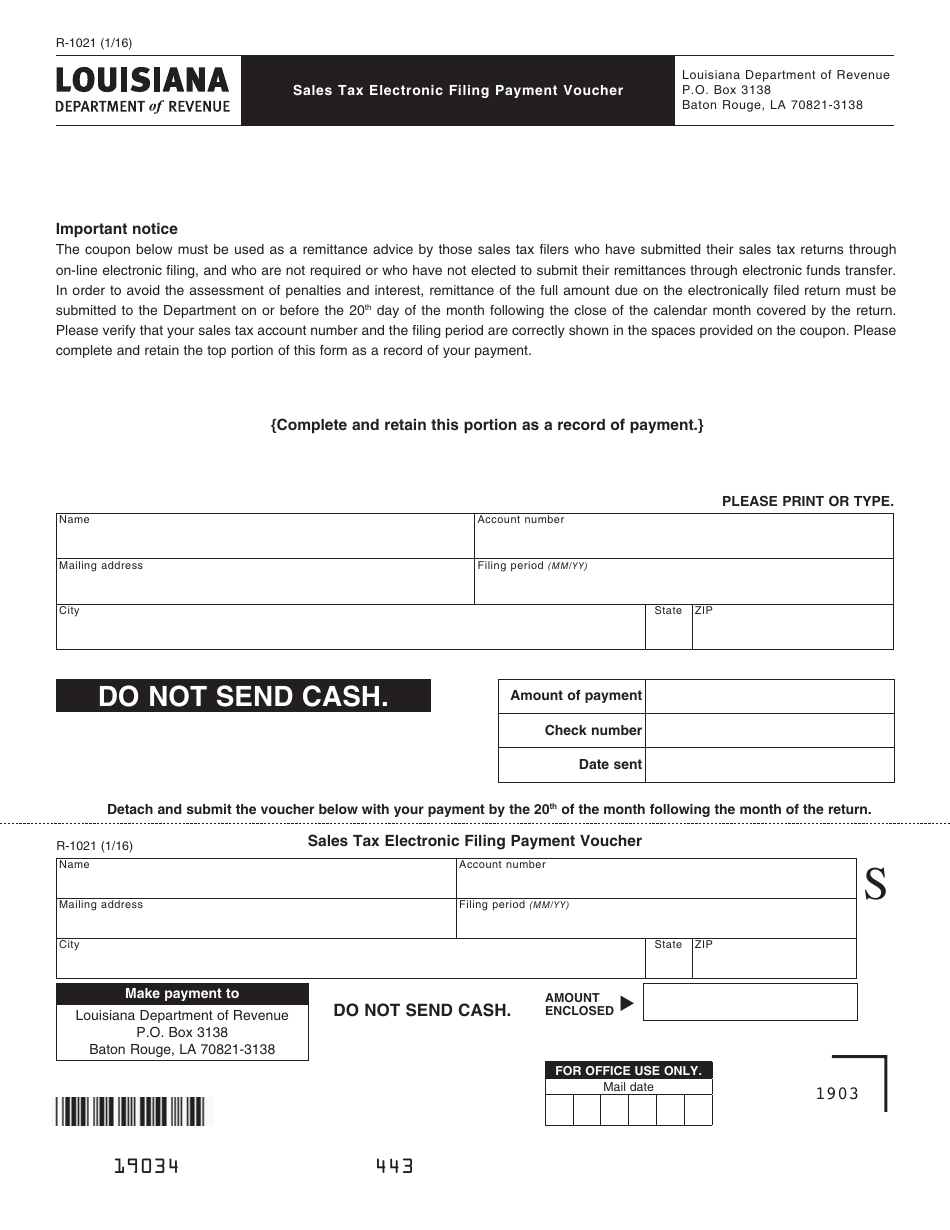 Form R-1021 Sales Tax Electronic Filing Payment Voucher - Louisiana, Page 1