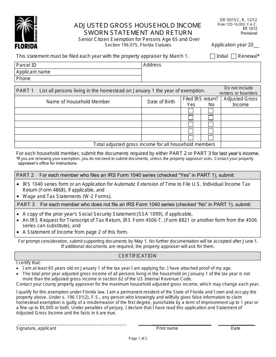 Form DR-501SC Adjusted Gross Household Income Sworn Statement and Return - Florida, Page 1