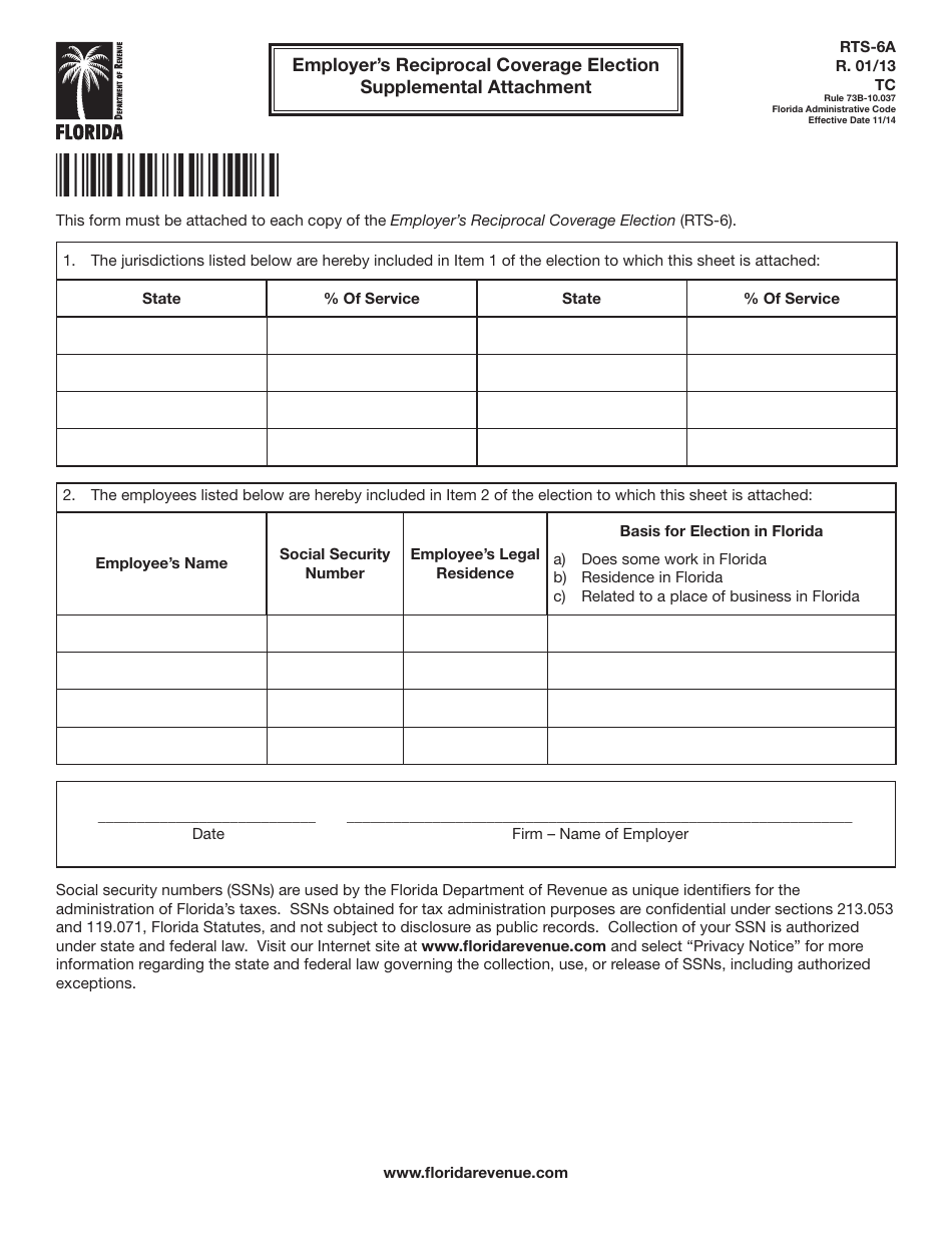 Form RTS-6A Employers Reciprocal Coverage Election Supplemental Attachment - Florida, Page 1