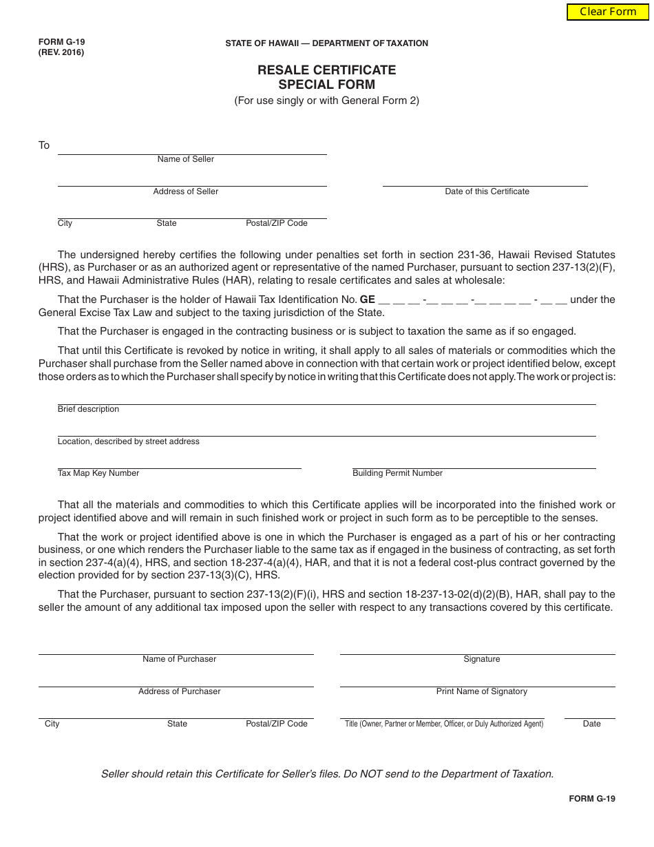Form G-19 Resale Certificate Special Form - Hawaii, Page 1