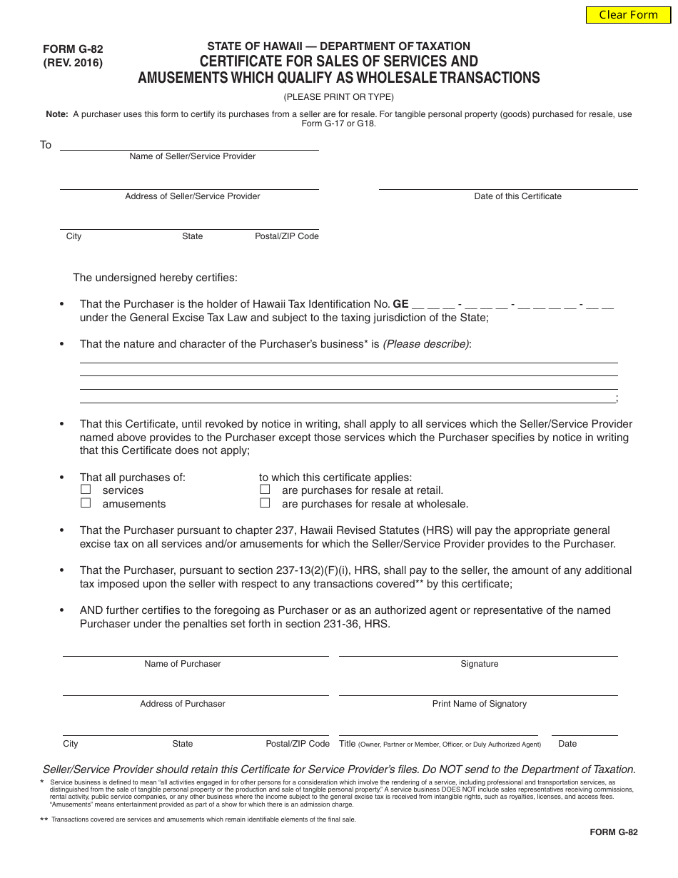 Form G-82 - Fill Out, Sign Online and Download Fillable PDF, Hawaii ...