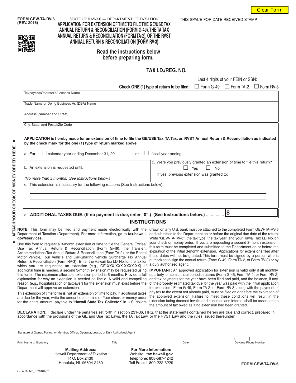 Form GEW-TA-RV-6 Application for Extension of Time to File the Ge / Use Tax Annual Return  Reconciliation (Form G-49), the Ta Tax Annual Return  Reconciliation (Form Ta-2), or the Rvst Annual Return  Reconciliation (Dual Rate Form Rv-3) - Hawaii, Page 1