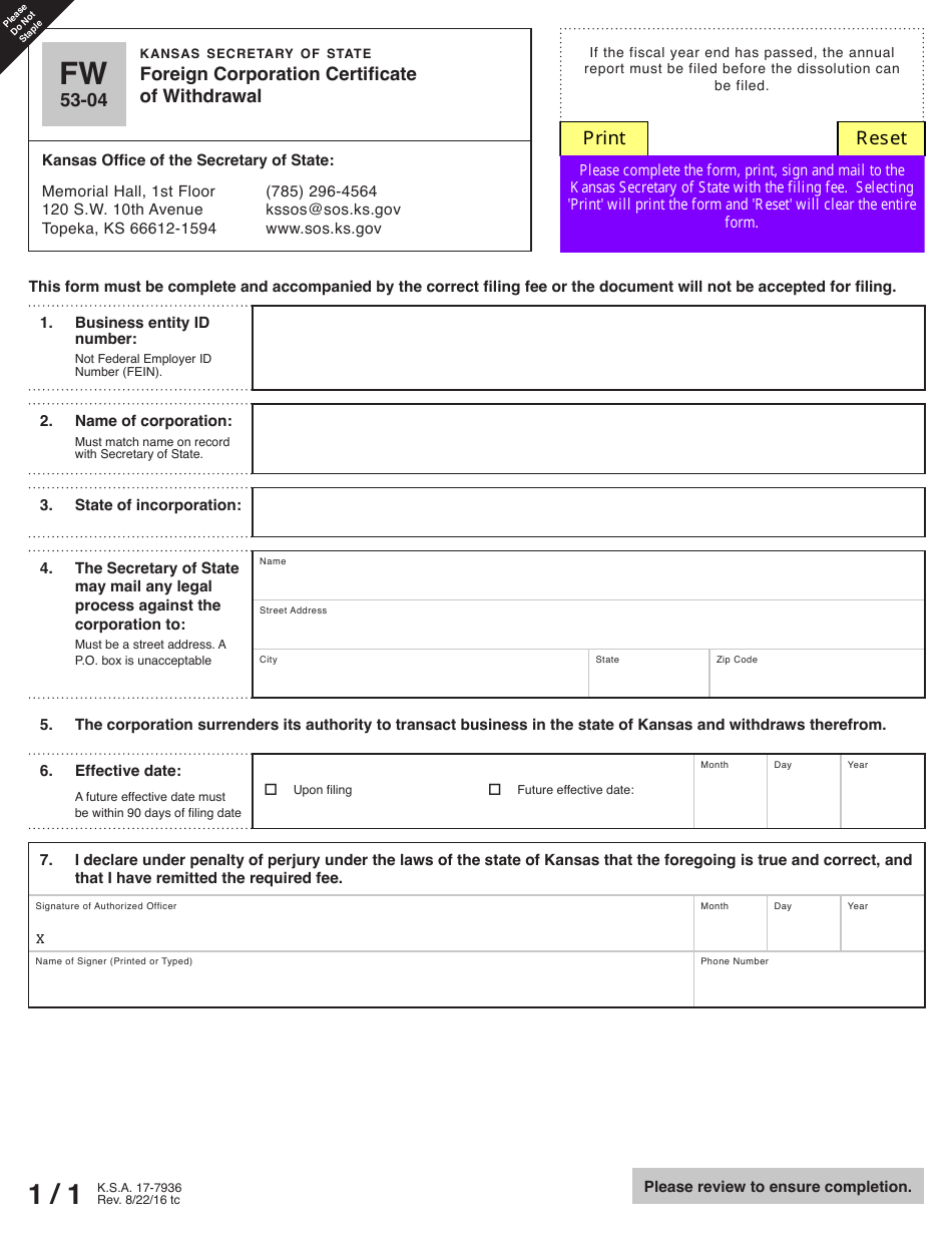 Form FW5304 Foreign Corporation Certificate of Withdrawal - Kansas, Page 2
