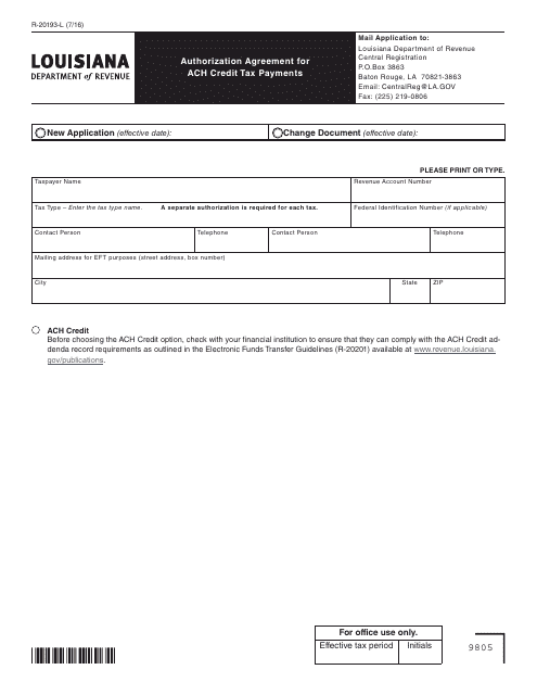Form R-20193-L Authorization Agreement for ACH Credit Tax Payments - Louisiana
