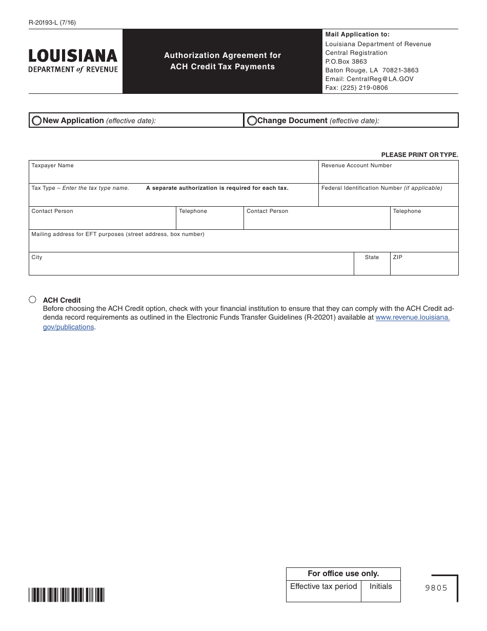 Form R-20193-L Authorization Agreement for ACH Credit Tax Payments - Louisiana, Page 1