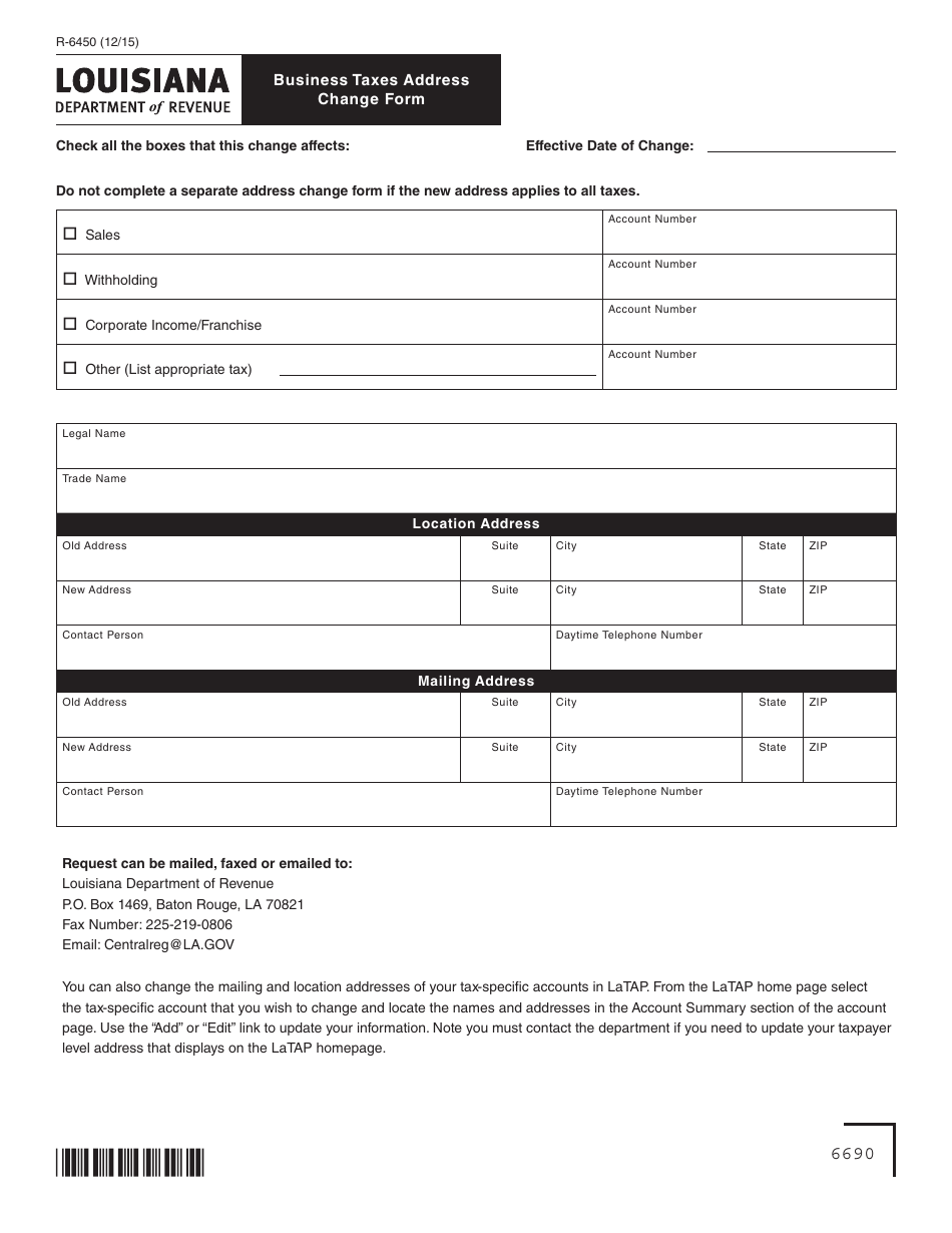Form R-6450 Business Taxes Address Change Form - Louisiana, Page 1