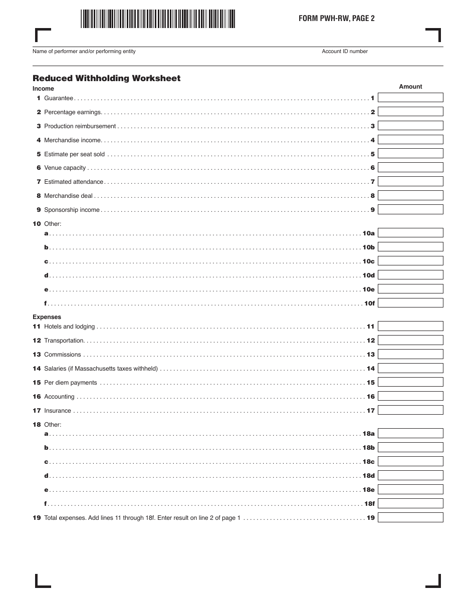 Form PWH-RW Performer or Performing Entity Request for Reduction of Withholding - Massachusetts, Page 2