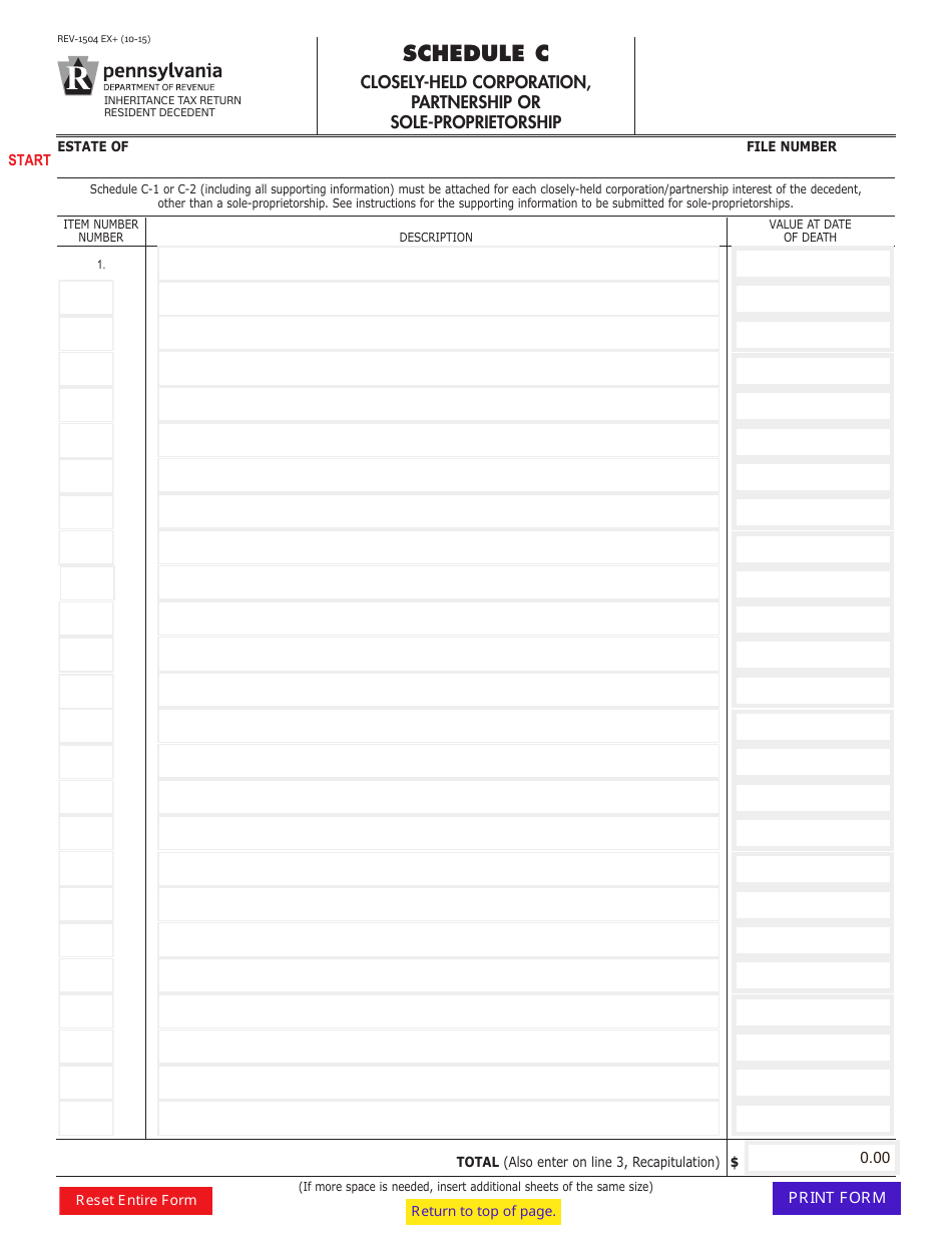 Form REV-1504 Schedule C Closely-Held Corporation, Partnership or Sole-Proprietorship - Pennsylvania, Page 1