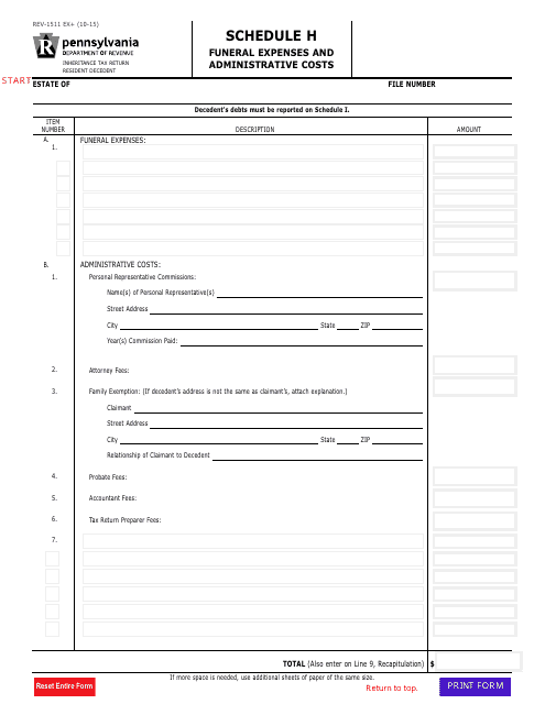 Form REV-1511 Schedule H Funeral Expenses and Administrative Costs - Pennsylvania