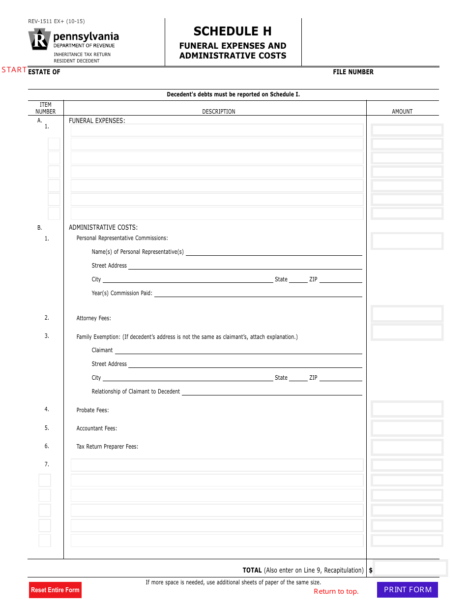 Form REV-1511 Schedule H Funeral Expenses and Administrative Costs - Pennsylvania, Page 1