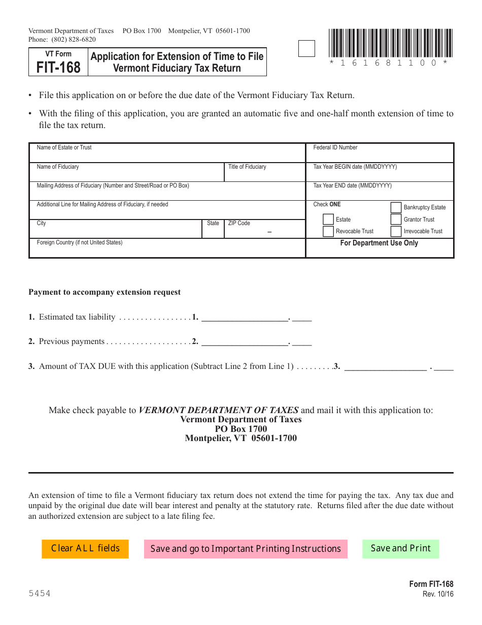 VT Form FIT-168 Application for Extension of Time to File Vermont Fiduciary Tax Return - Vermont, Page 1