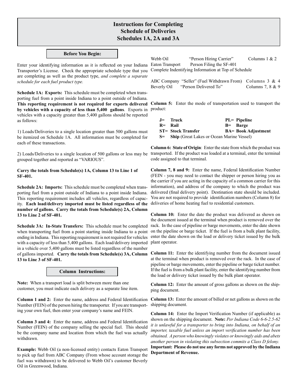Form 49083 Schedule 1A, 2A, 3A Transporter Schedule of Deliveries - Indiana, Page 2