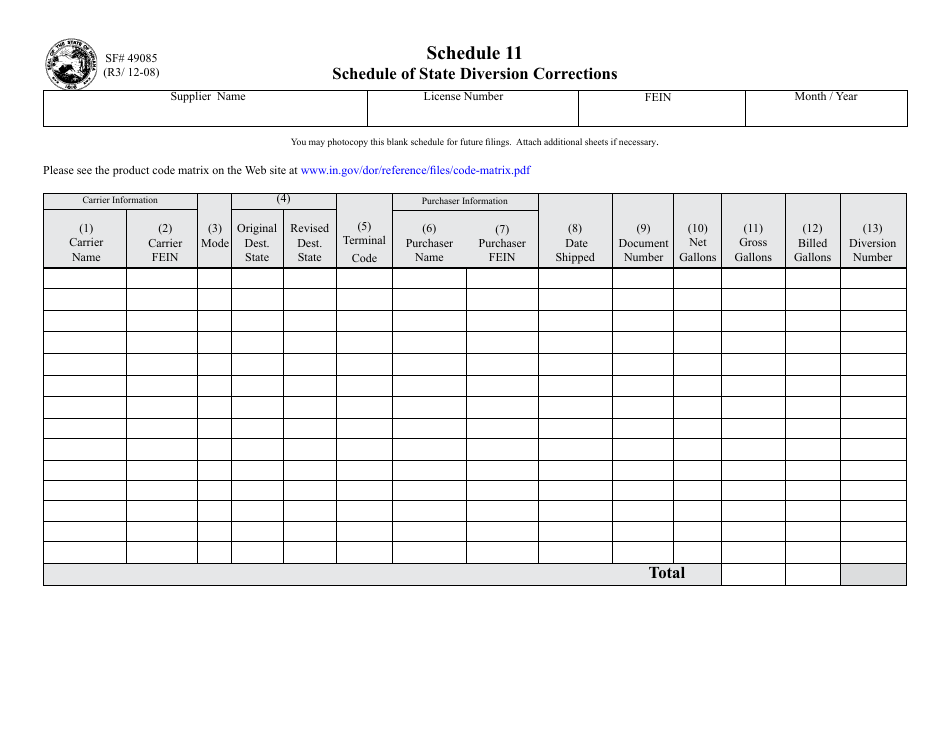 Form 49085 Schedule 11 Schedule of State Diversion Corrections - Indiana, Page 1