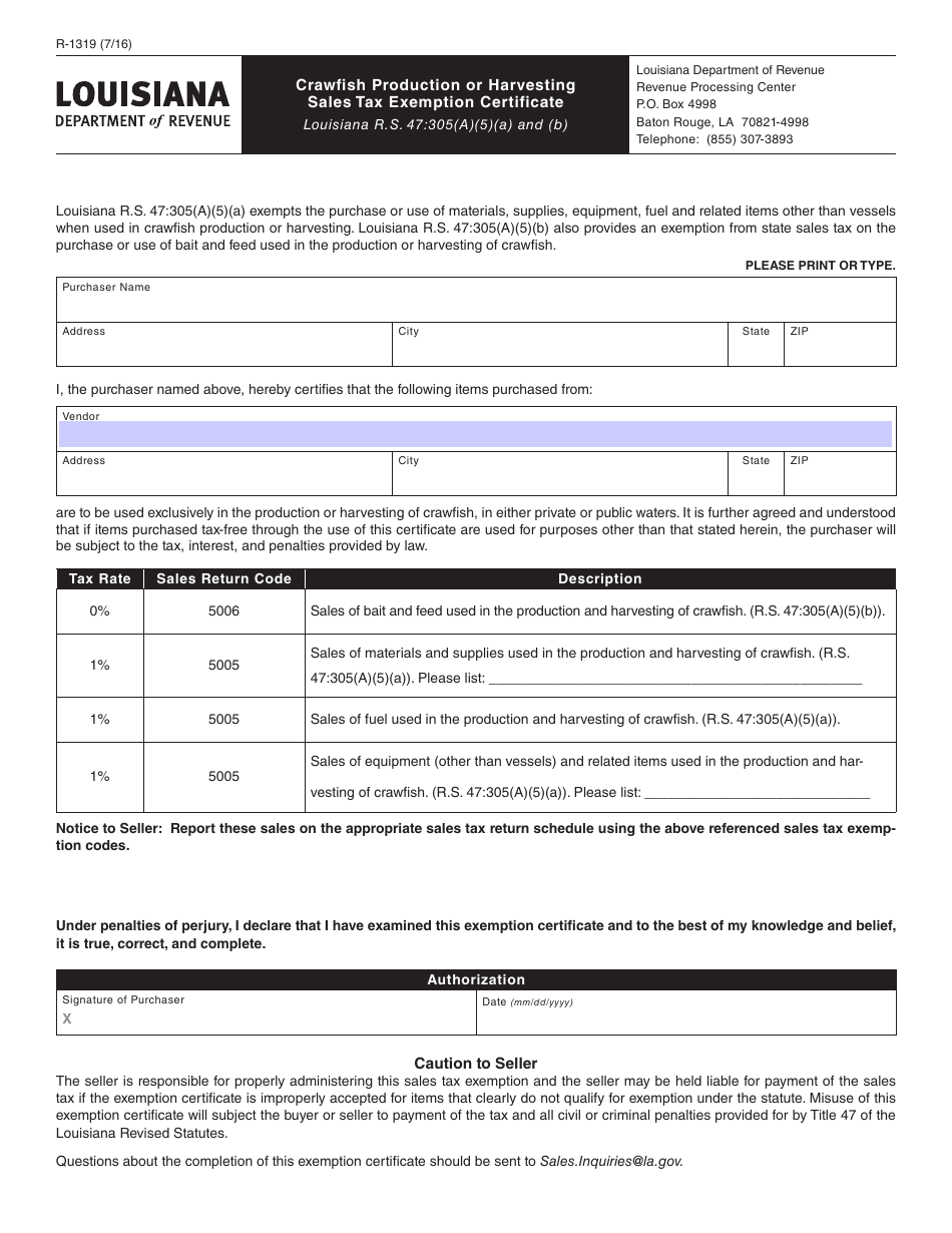 Form R-1319 Crawfish Production or Harvesting Sales Tax Exemption Certificate - Louisiana, Page 1