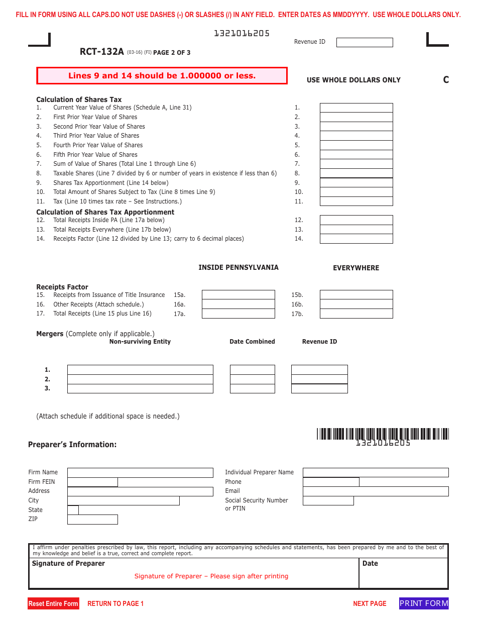 Form RCT-132A Pennsylvania Title Insurance Company Shares Tax Report - Pennsylvania, Page 2