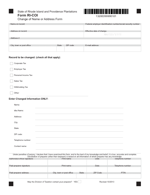 Form RI-COI Download Fillable PDF or Fill Online Change of ...