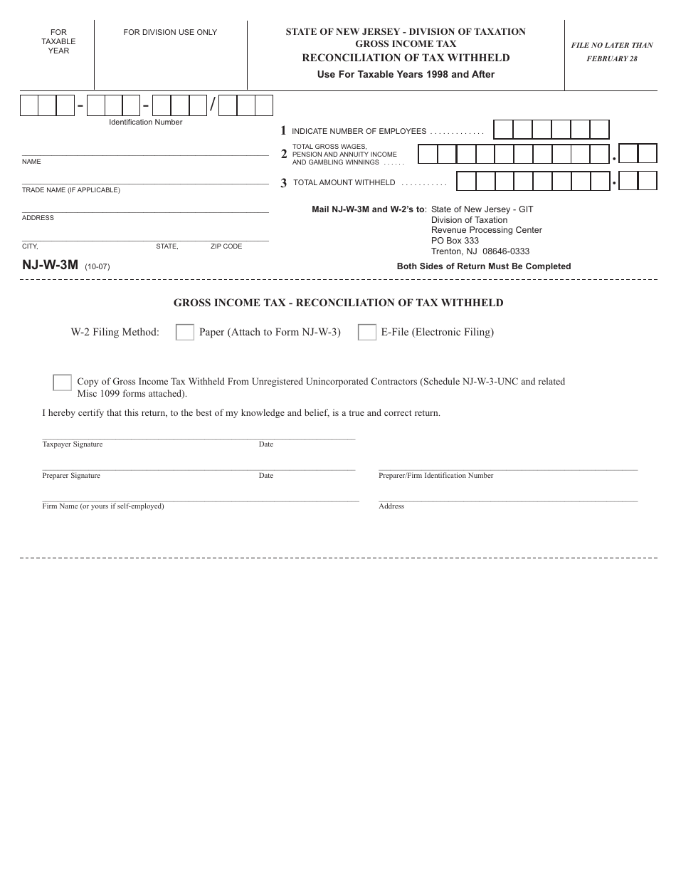 Form NJ-W-3M Reconciliation of Tax Withheld - New Jersey, Page 1