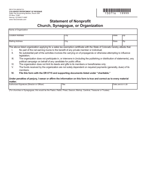 Form DR0716 Statement of Nonprofit Church, Synagogue, or Organization - Colorado