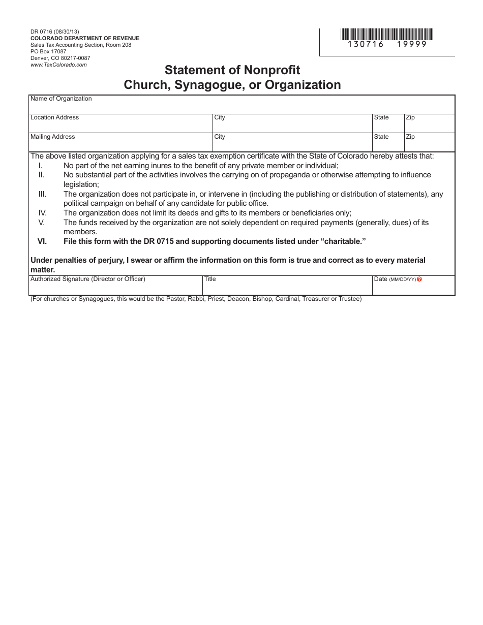 Form DR0716 Statement of Nonprofit Church, Synagogue, or Organization - Colorado, Page 1