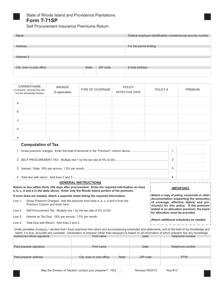 Form T-71SP Self Procurement Insurance Premiums Return - Rhode Island, Page 1