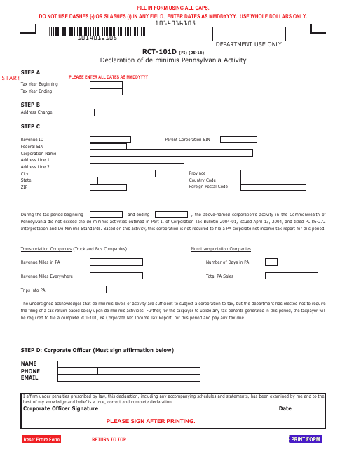 Form RCT-101D Declaration of De Minimis Pennsylvania Activity - Pennsylvania