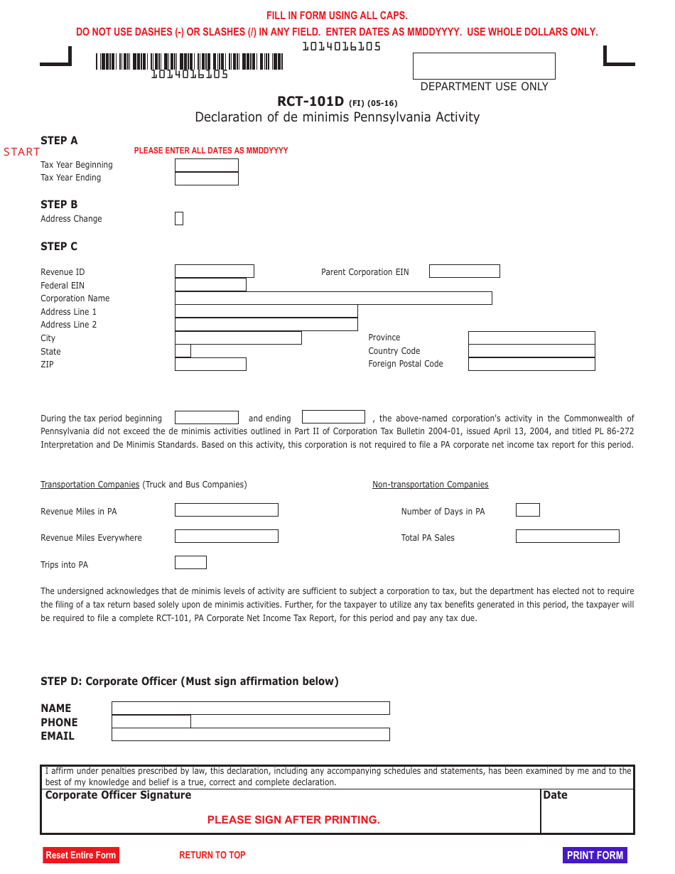 Form RCT-101D Declaration of De Minimis Pennsylvania Activity - Pennsylvania, Page 1