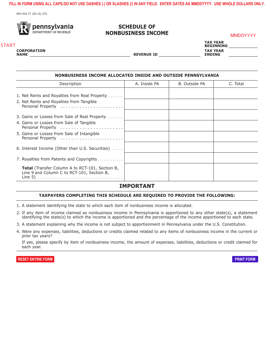 Form REV-934 CT Schedule of Nonbusiness Income - Pennsylvania, Page 1