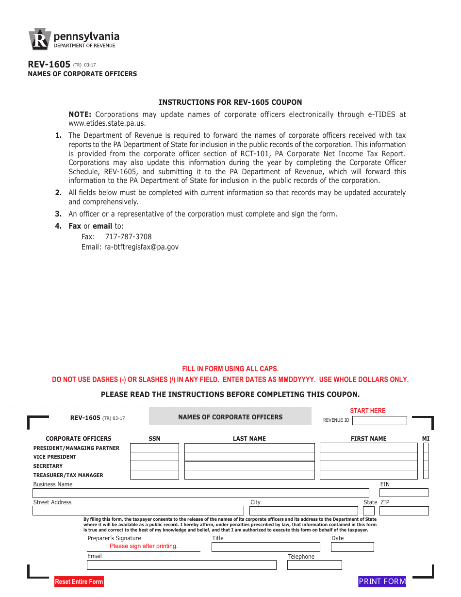 Form REV-1605 Names of Corporate Officers Coupon - Pennsylvania, Page 1