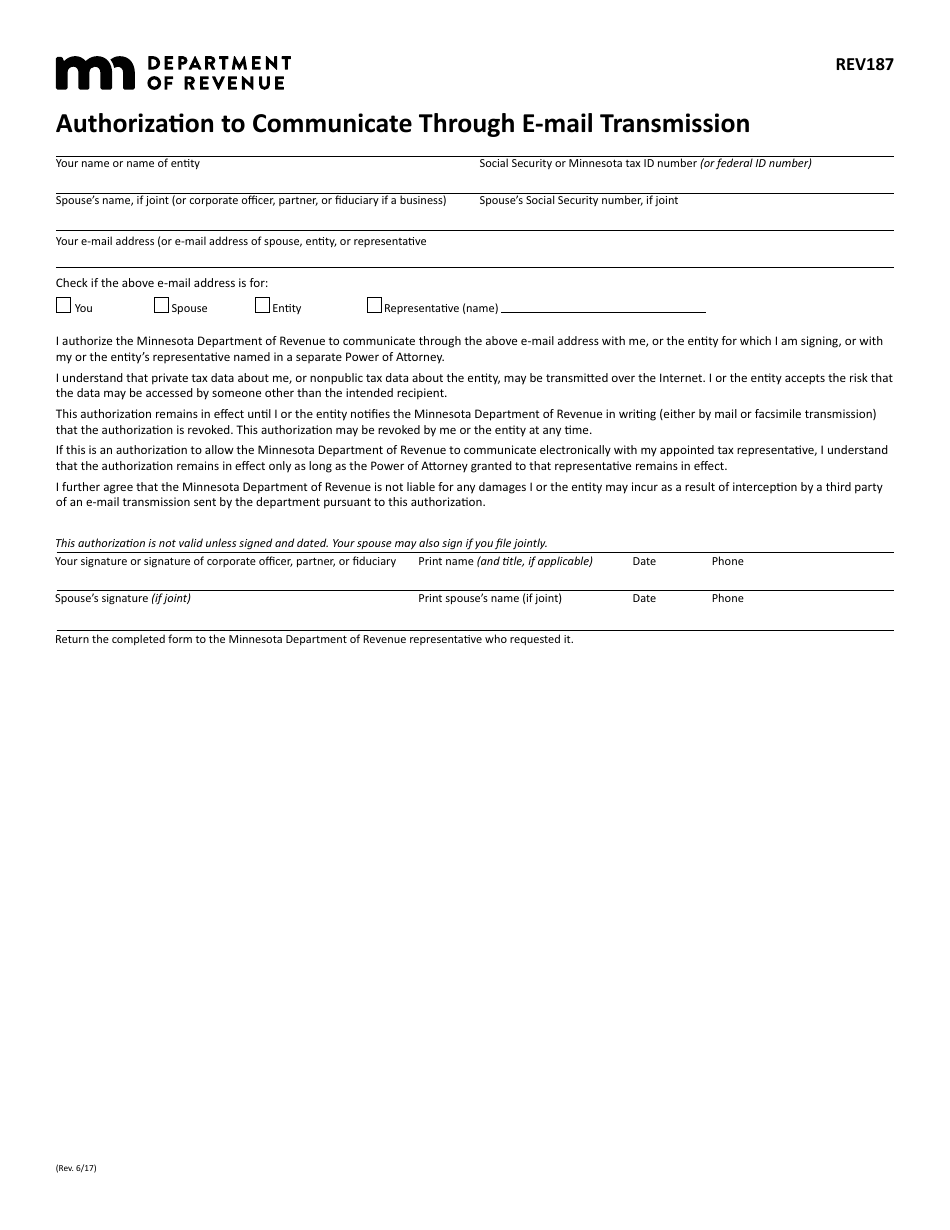 Form REV187 Authorization to Communicate Through E-Mail Transmission - Minnesota, Page 1