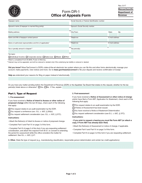 Form DR-1 Office of Appeals Form - Massachusetts