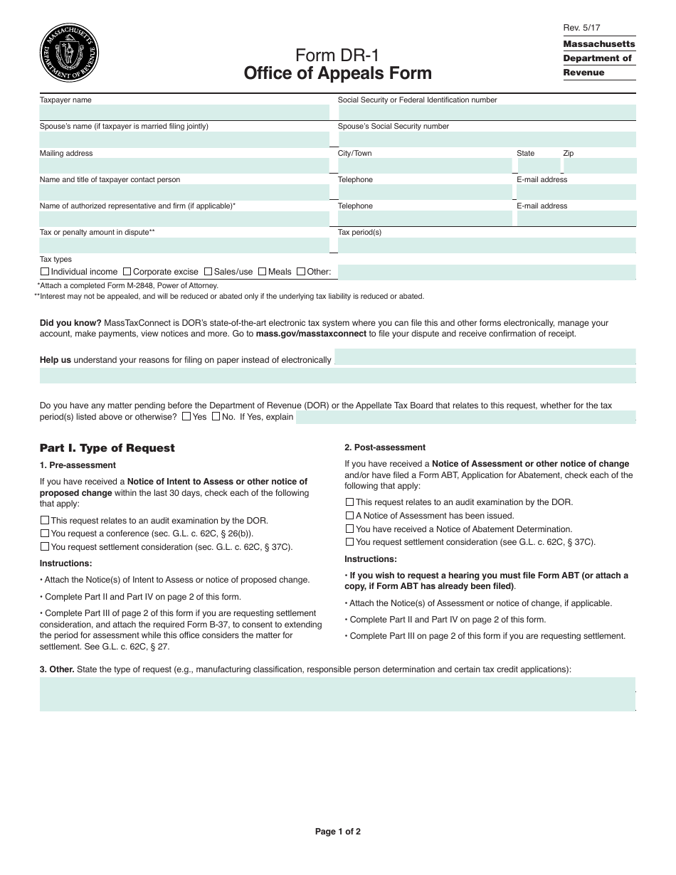 Form DR-1 Office of Appeals Form - Massachusetts, Page 1