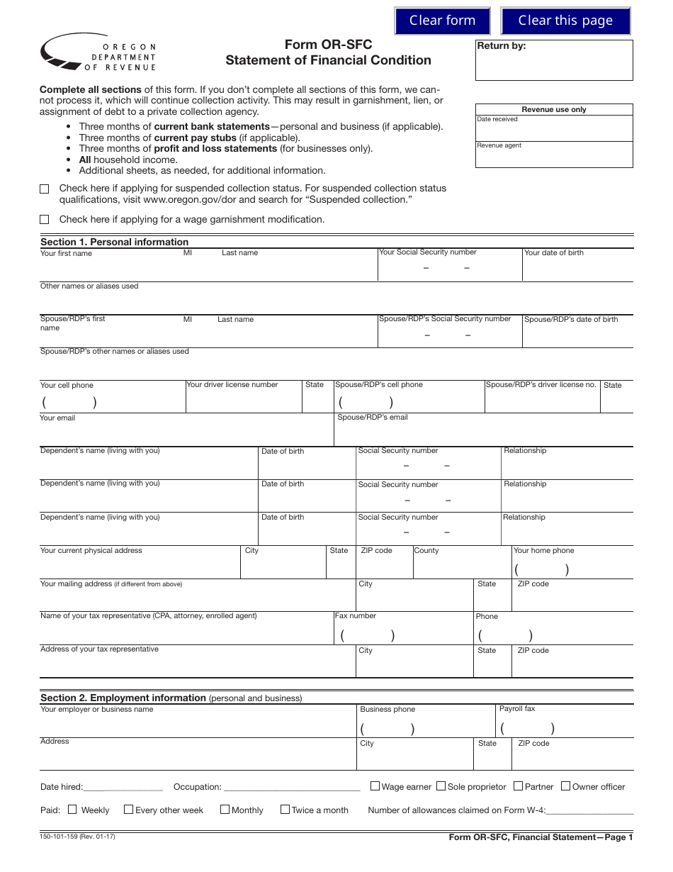 Form 150-101-159 (OR-SFC) Statement of Financial Condition - Oregon, Page 1