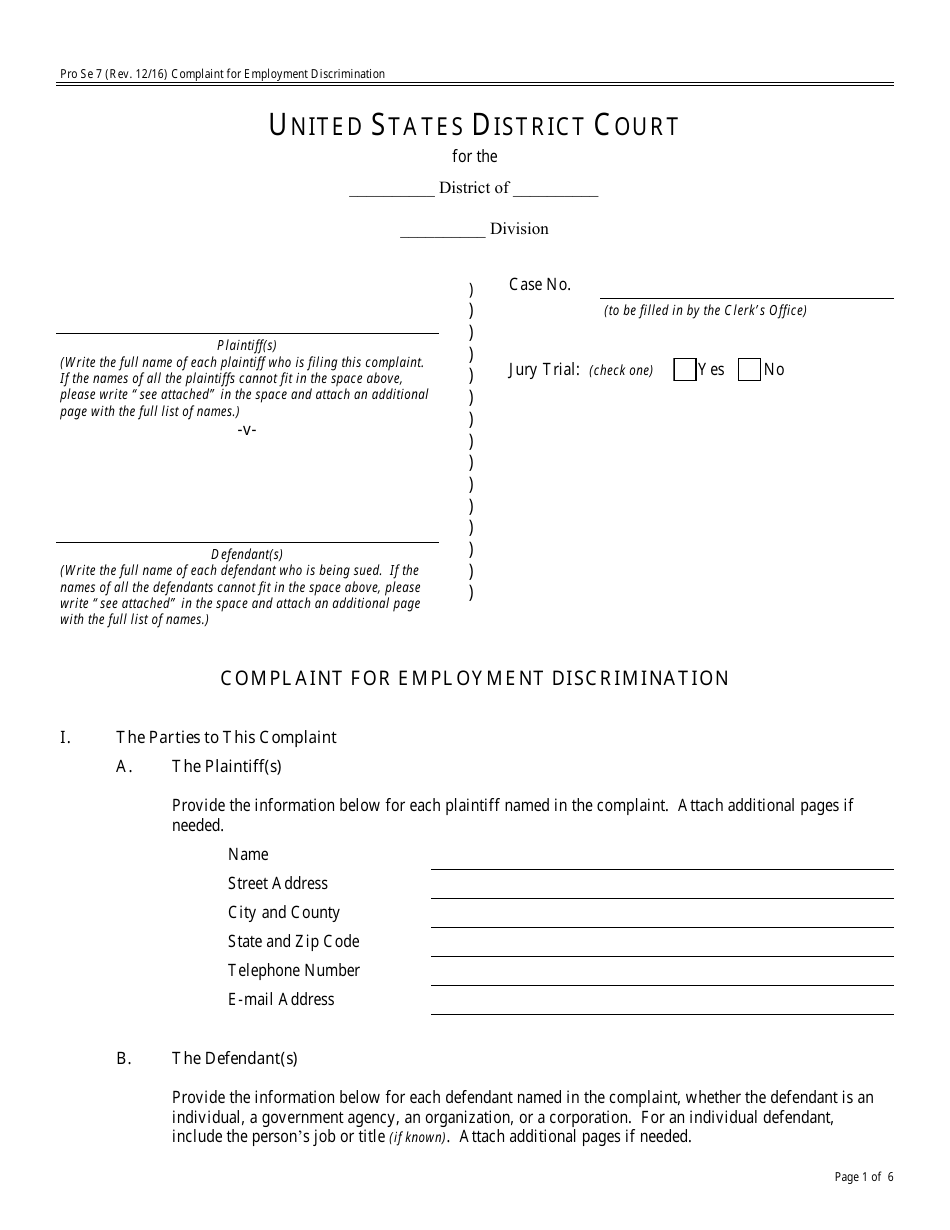 Form Pro Se7 Complaint for Employment Discrimination, Page 1