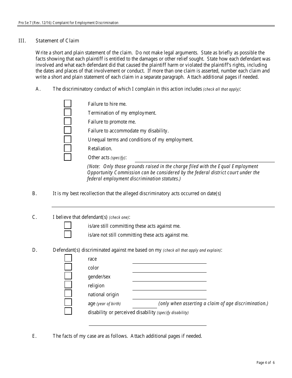 Form Pro Se7 Complaint for Employment Discrimination, Page 4