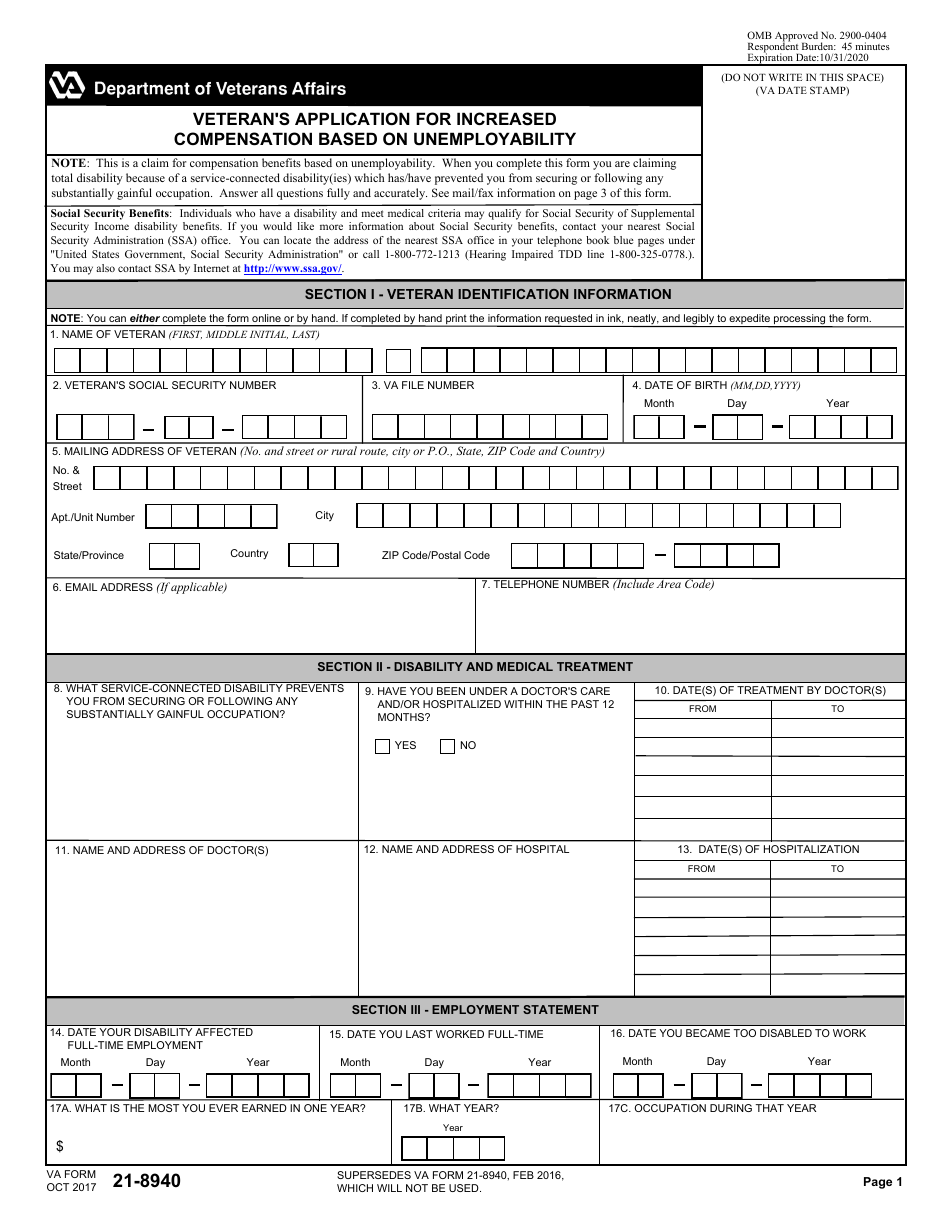 VA Form 21-8940 Veterans Application for Increased Compensation Based on Unemployability, Page 1