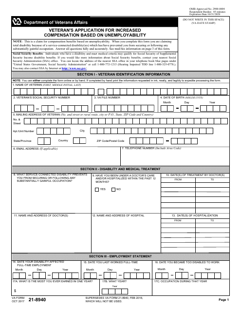VA Form 21-8940  Printable Pdf