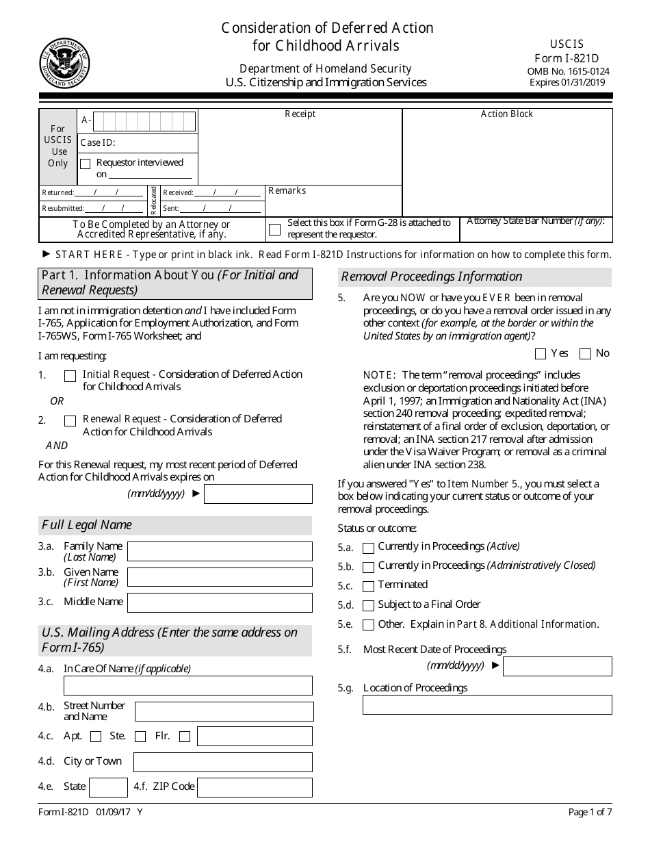 USCIS Form I-821D Consideration of Deferred Action for Childhood Arrivals, Page 1