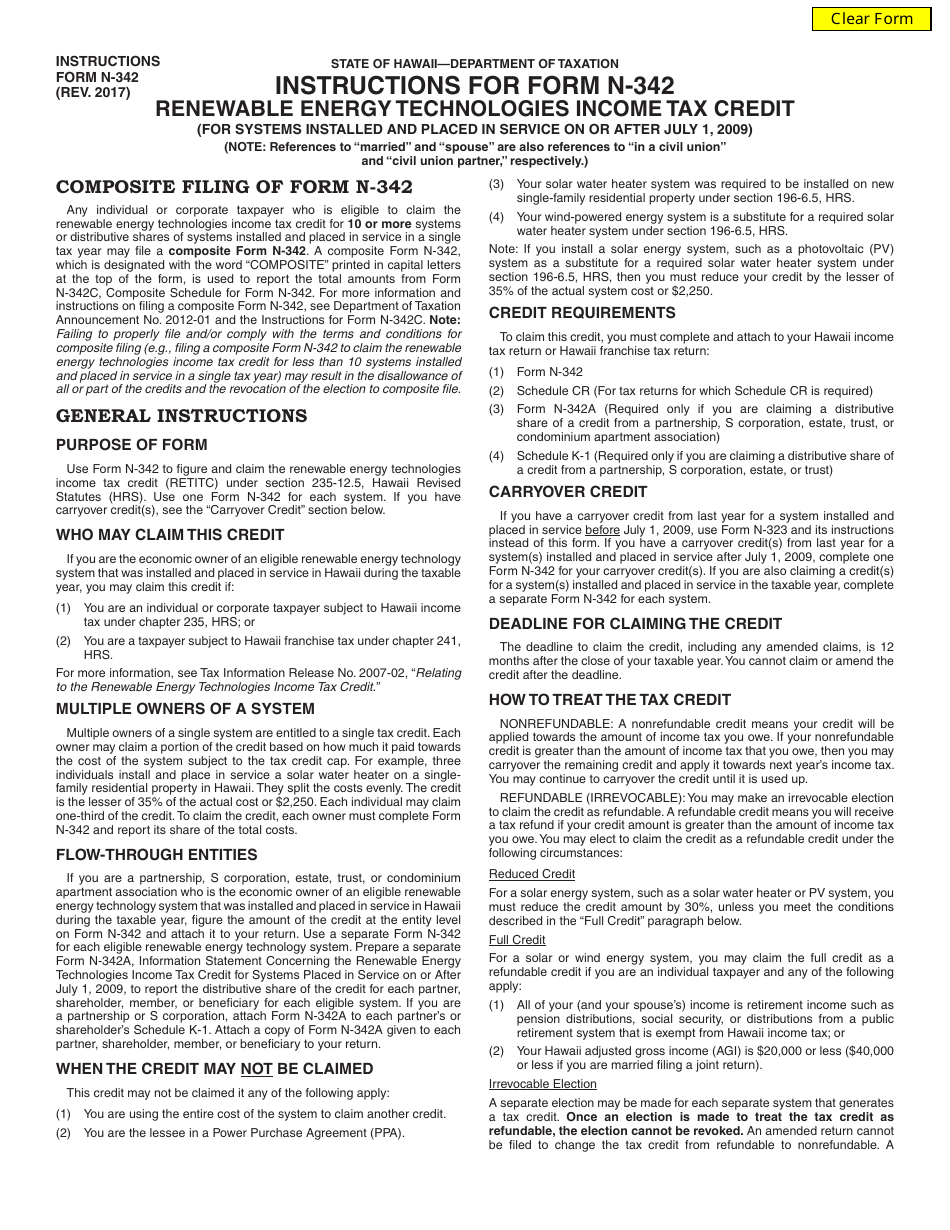 Instructions for Form N-342 Renewable Energy Technologies Income Tax Credit - Hawaii, Page 1
